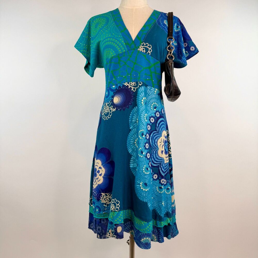 Desigual Blue Floral Short Sleeve Midi Flare Dress Abstract Euro V-Neck Y2K XL